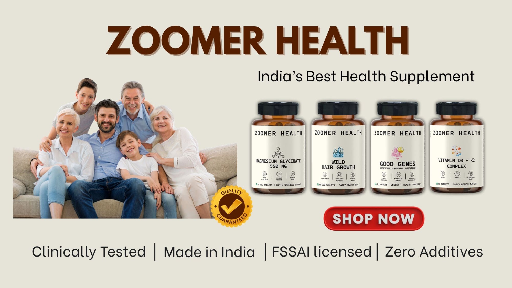 Advertisement for Zoomer Health health supplements with a family on a couch and product bottles displayed.