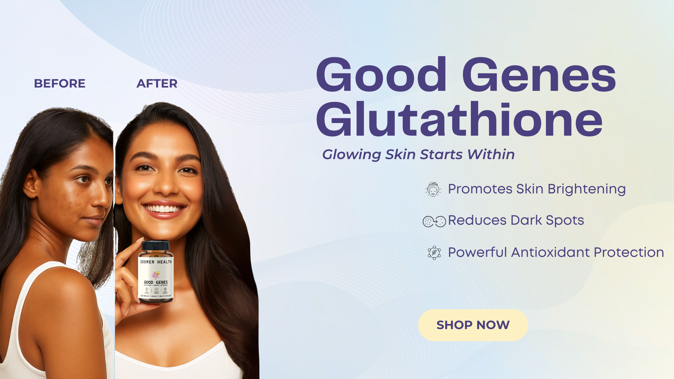 Advertisement for Good Genes Glutathione Zoomer Health Supplement with two women and product packaging on a light blue background.