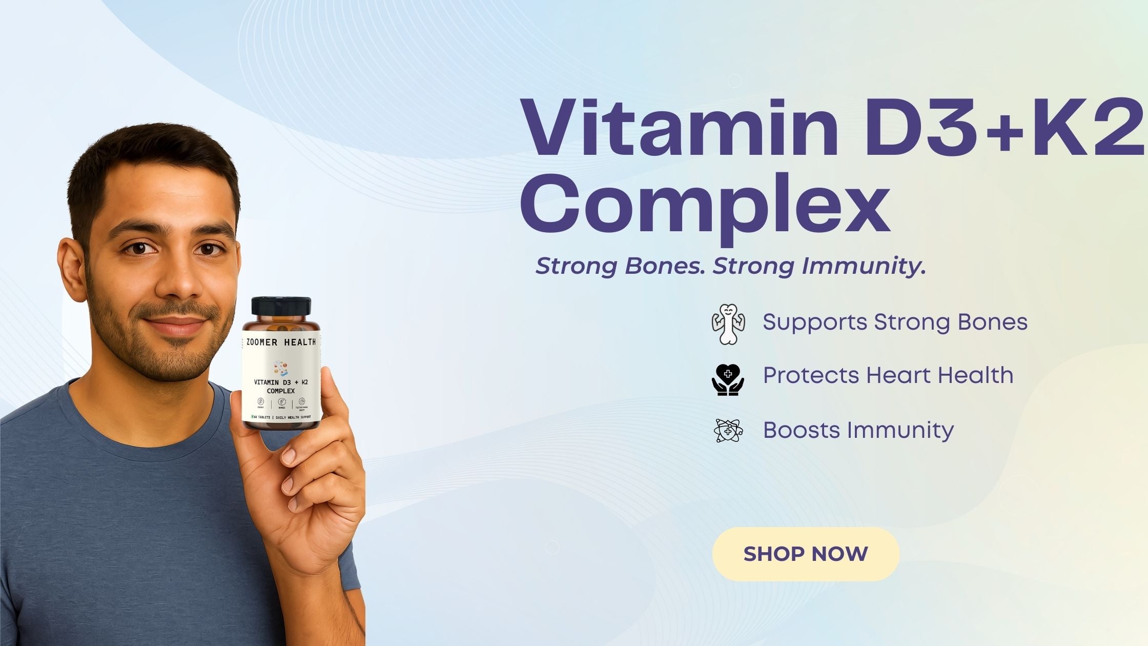 Man holding a bottle of Vitamin D3+K2 Complex with promotional text on a light blue background