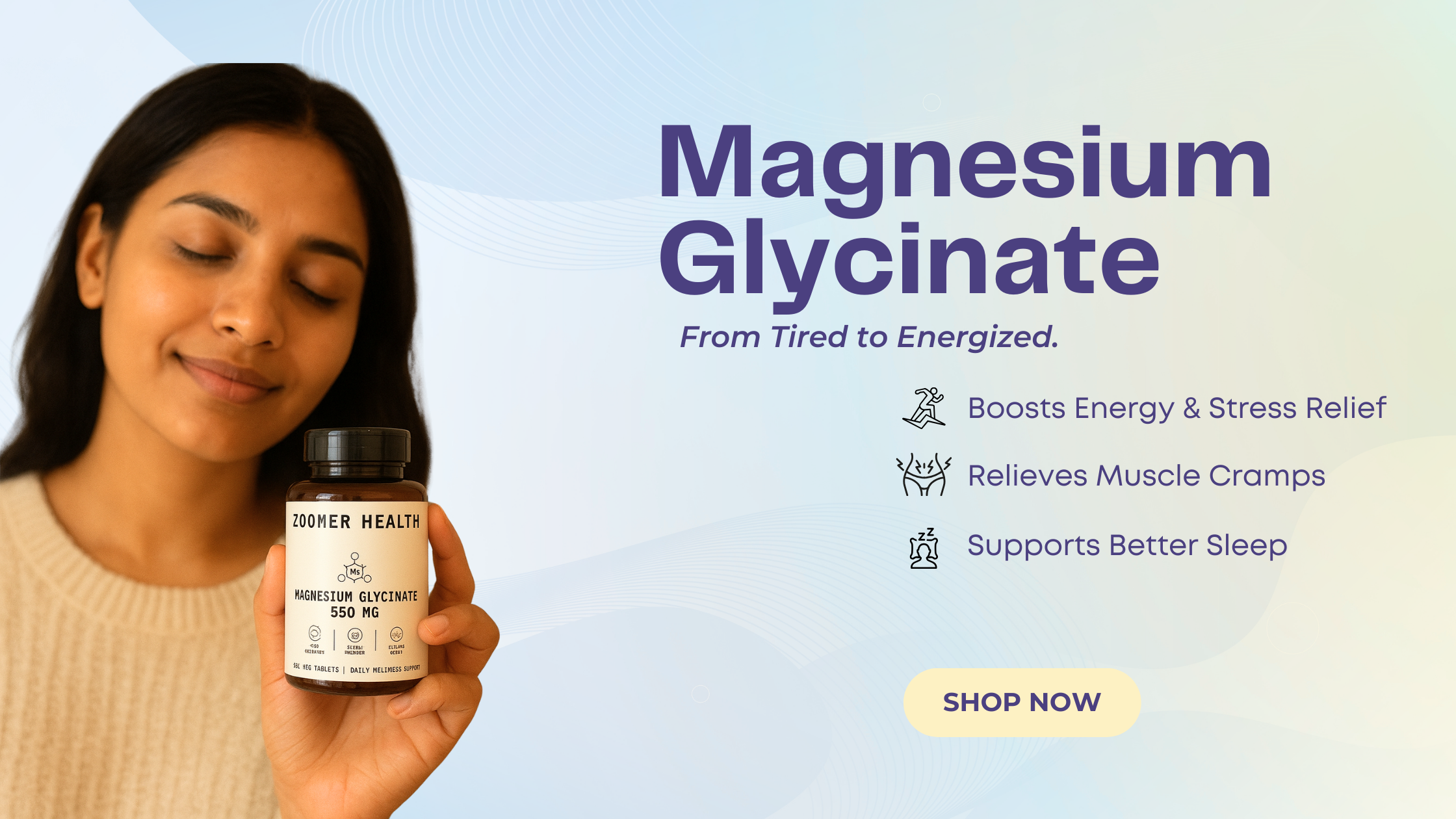 Woman holding a bottle of ZOOMER Health Magnesium Glycinate supplement with promotional text on a light blue background.